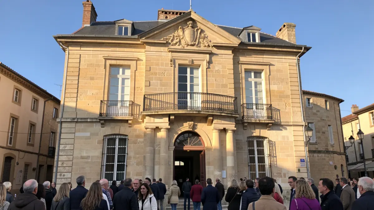 Image générique de la façade d'une mairie en pierre de Nouvelle-Aquitaine, avec balcon et rambardes en fer. Lumière chaude de l'après-midi.
