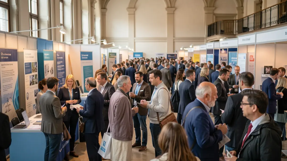 Image générique d'un salon de l'emploi avec des participants et des stands.