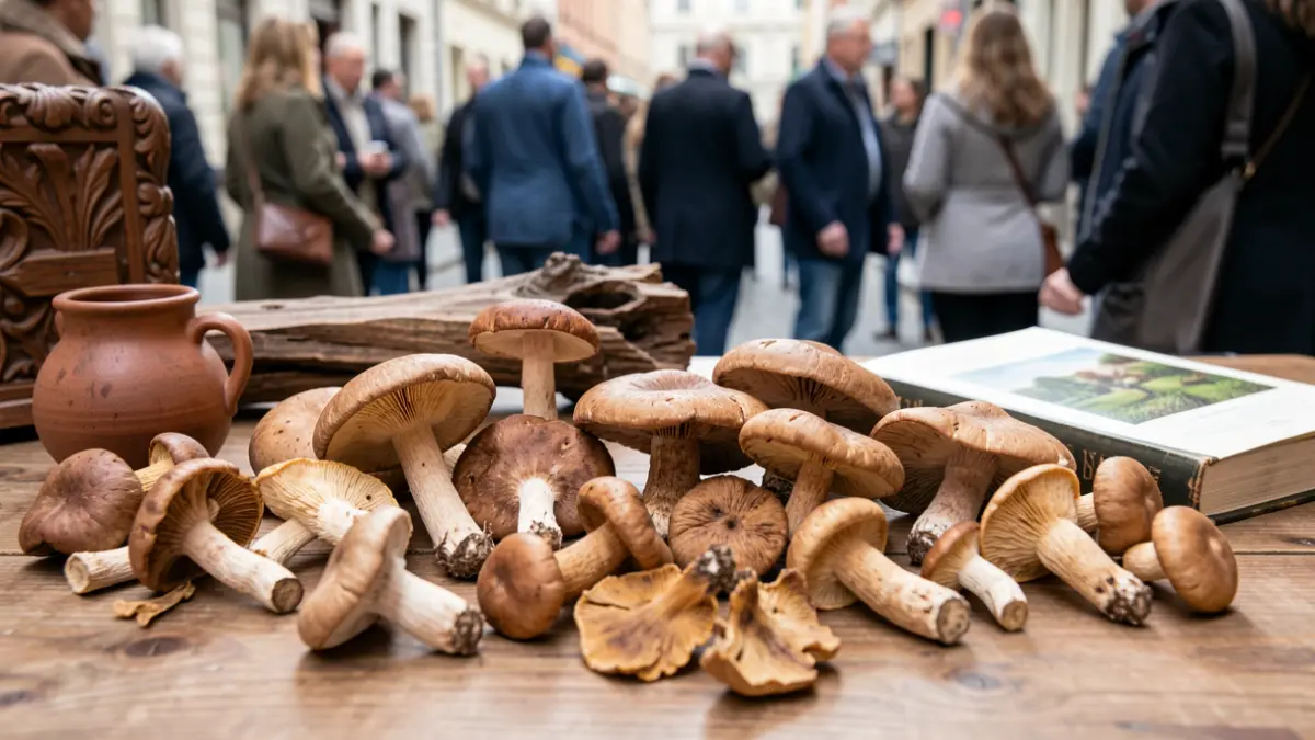 Generic image of various mushroom species presented in artisanal and exhibition forms.