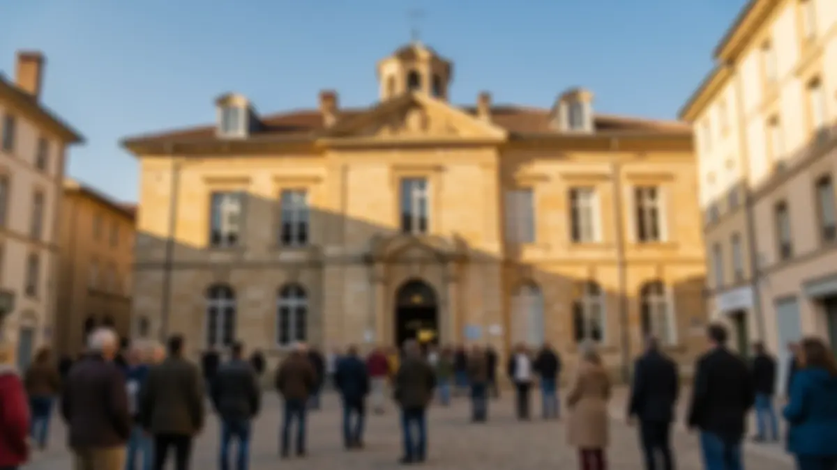 Generic image of a stone official building facade in the afternoon sun.