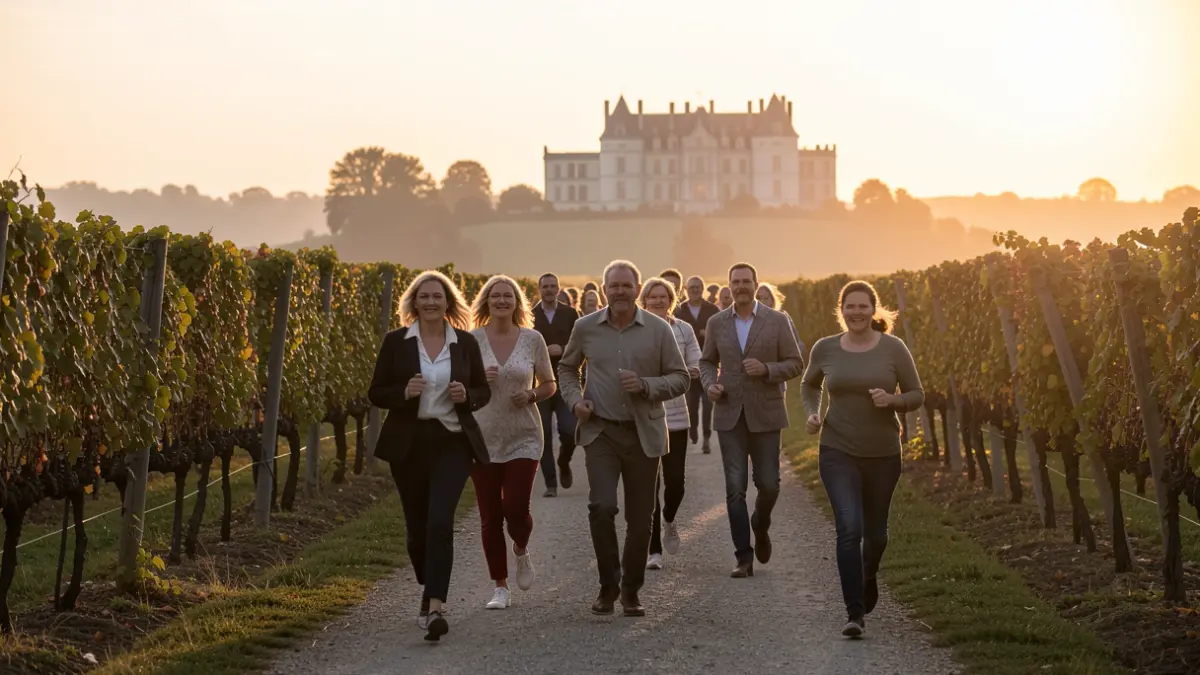 Image générique de coureurs dans un vignoble au coucher du soleil.