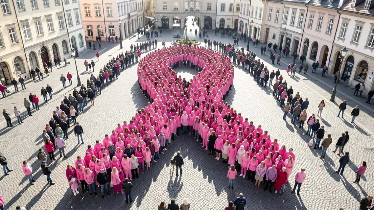 Image générique d'un ruban rose humain formé par une foule sur une place publique.