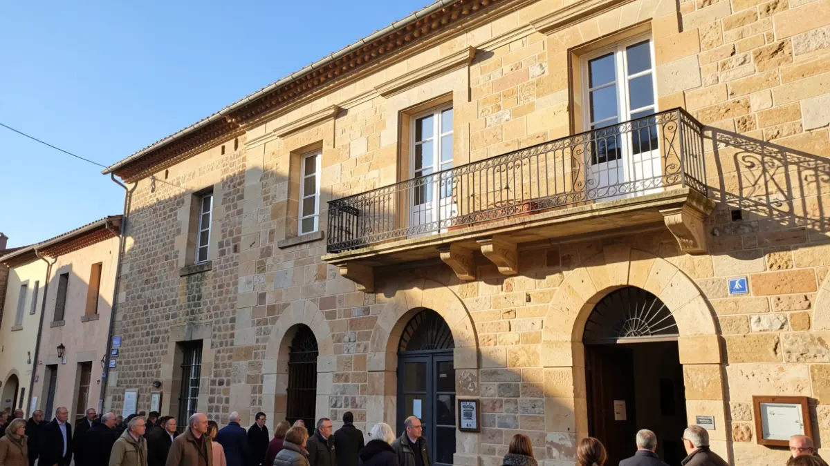 Façade de la mairie de Sauvagnon, Nouvelle-Aquitaine, ensoleillée.