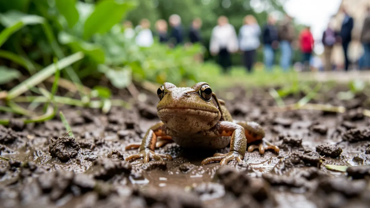Gros plan sur un petit amphibien sur terre humide, avec un feuillage vert flou en arrière-plan.