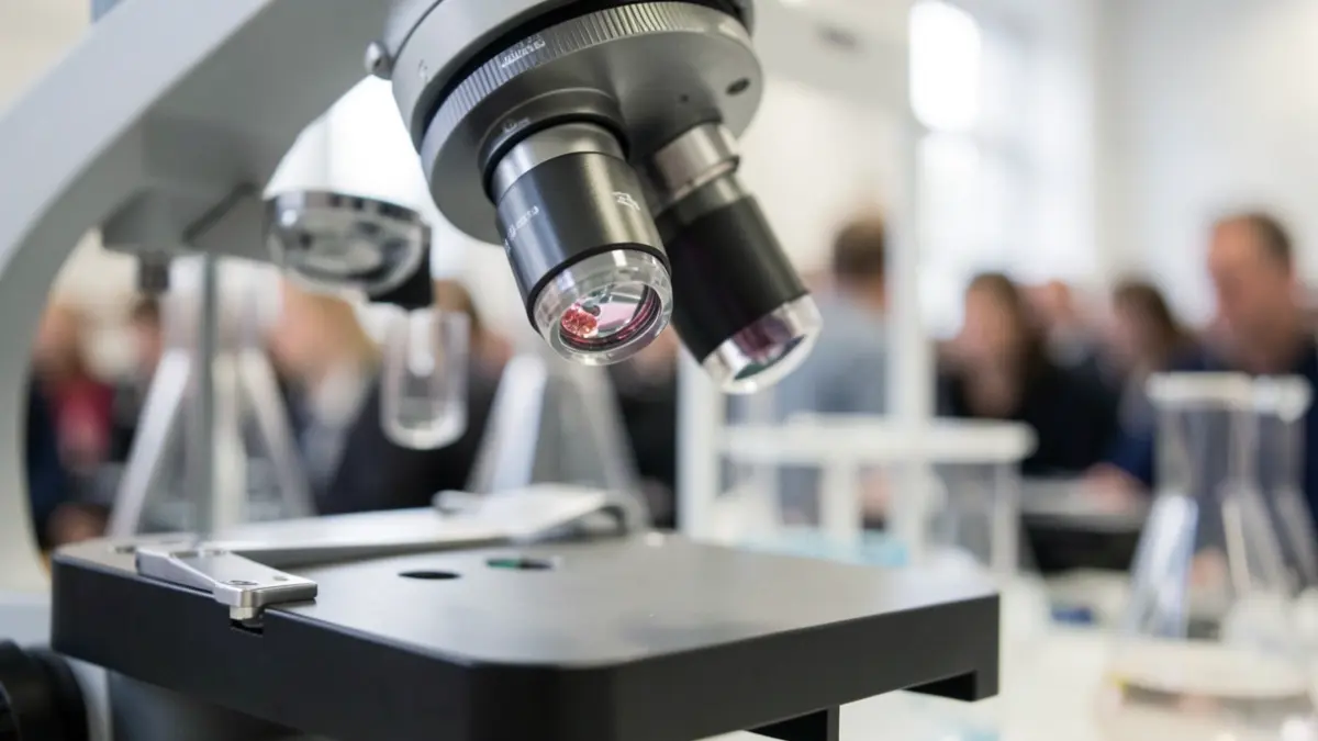 Gros plan d'un objectif de microscope focalisant sur un échantillon biologique, avec du matériel scientifique et de la verrerie de laboratoire flous en arrière-plan. Style photographie documentaire.
