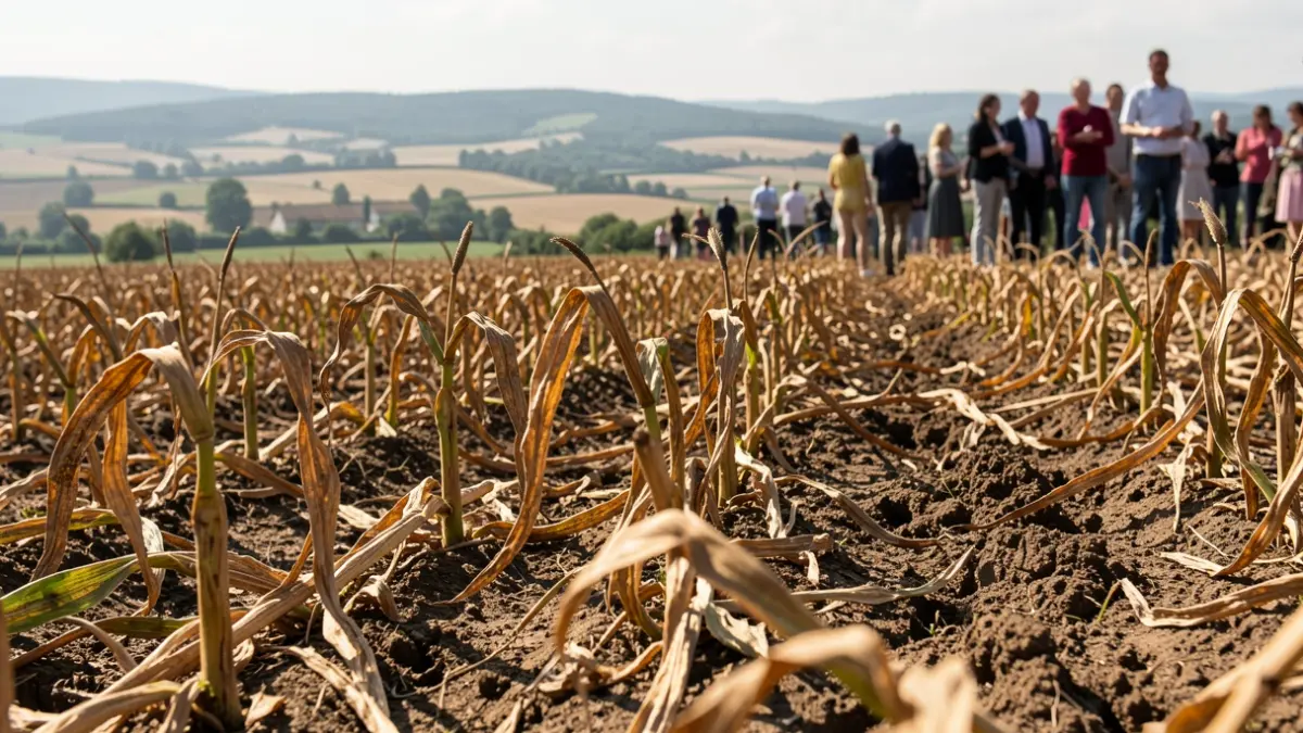 Image générique de champs agricoles touchés par la sécheresse et la chaleur estivale. Gros plan sur des plantes flétries et de la terre sèche, dans un paysage de Nouvelle-Aquitaine.