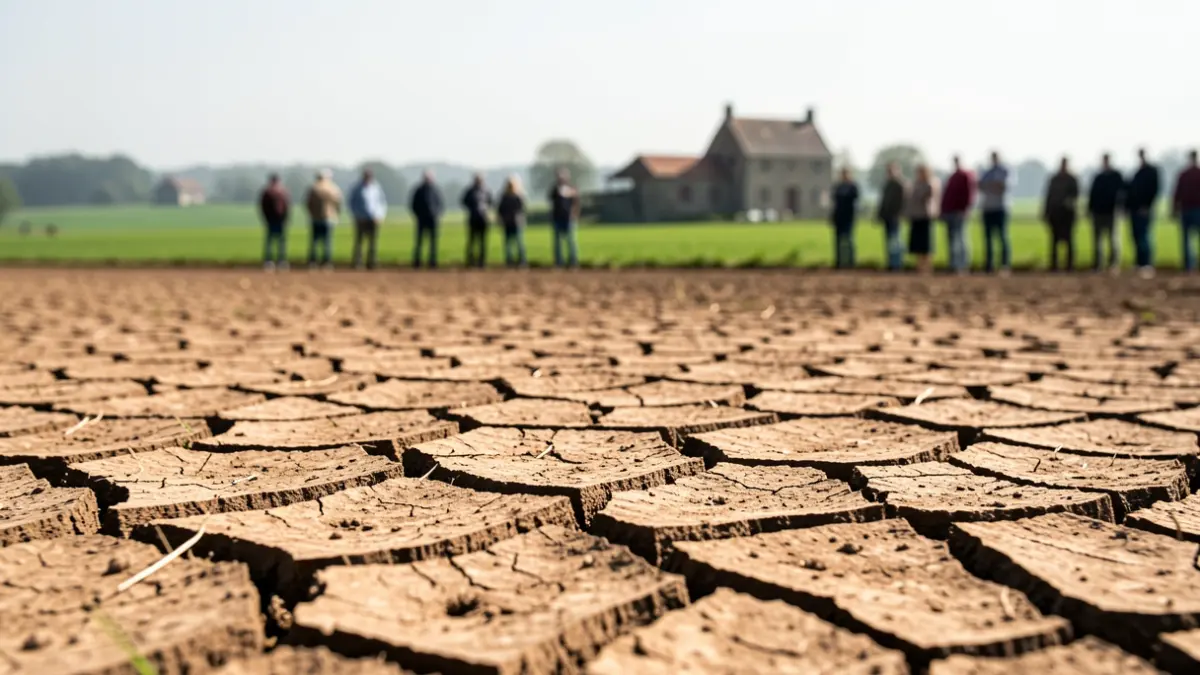 Image générique de terres agricoles sèches et craquelées sous un soleil intense, symbolisant la sécheresse.