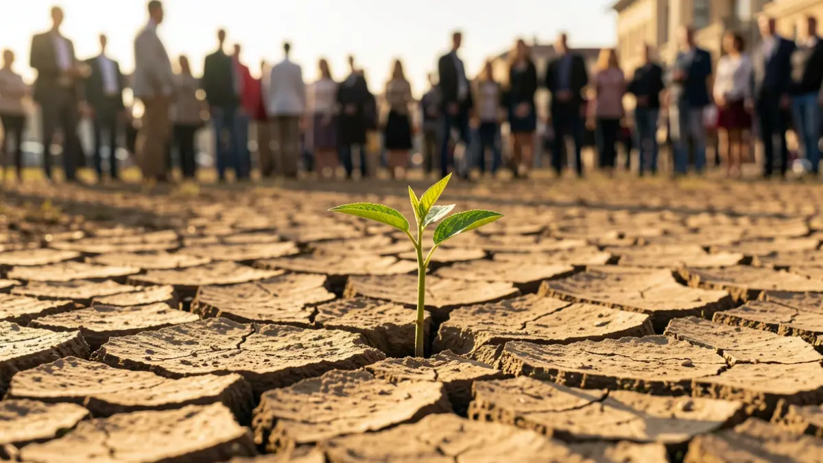 Cracked dry earth with a green sprout.