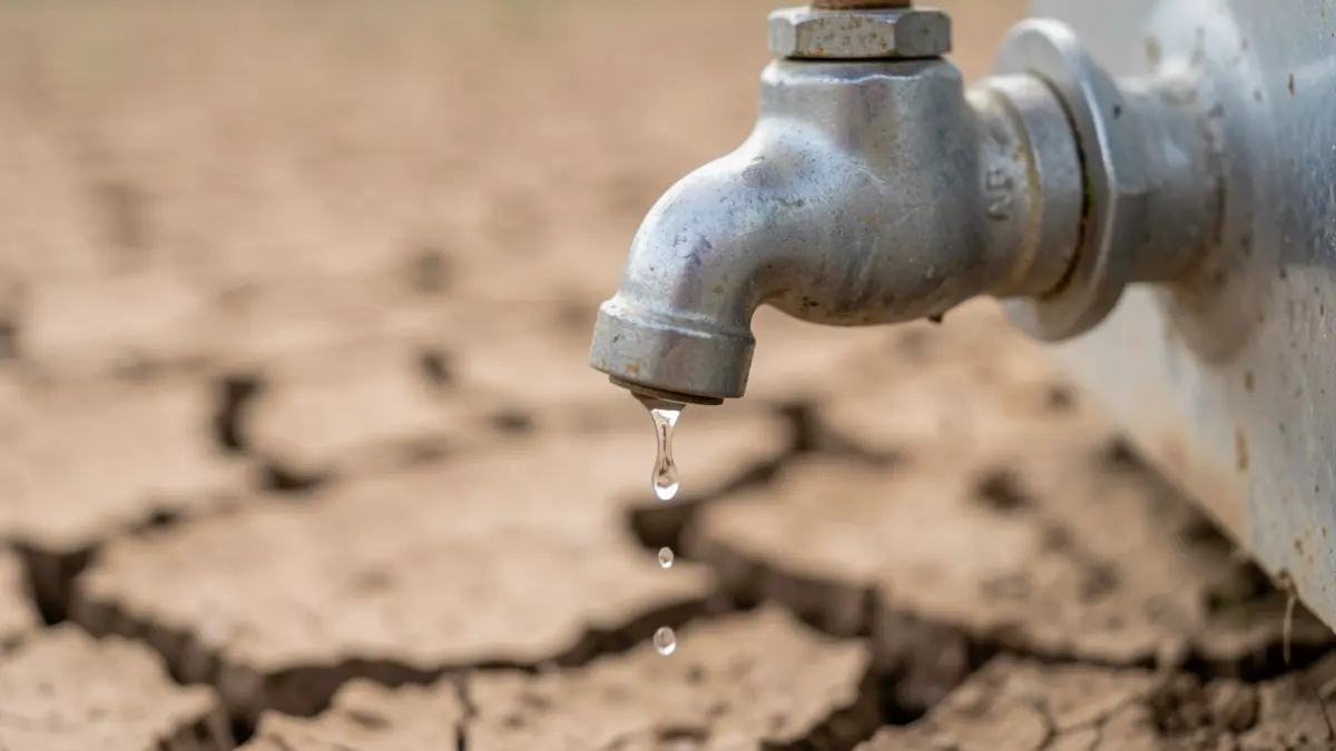 Generic image of a water tap with a drop falling on dry earth.