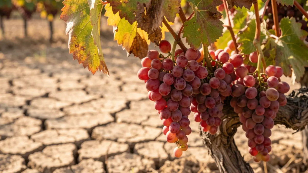 Generic image of ripe grapes on a vine, with dry, cracked earth in the background. The vine leaves are slightly wilted. Warm sunlight filters through the leaves.