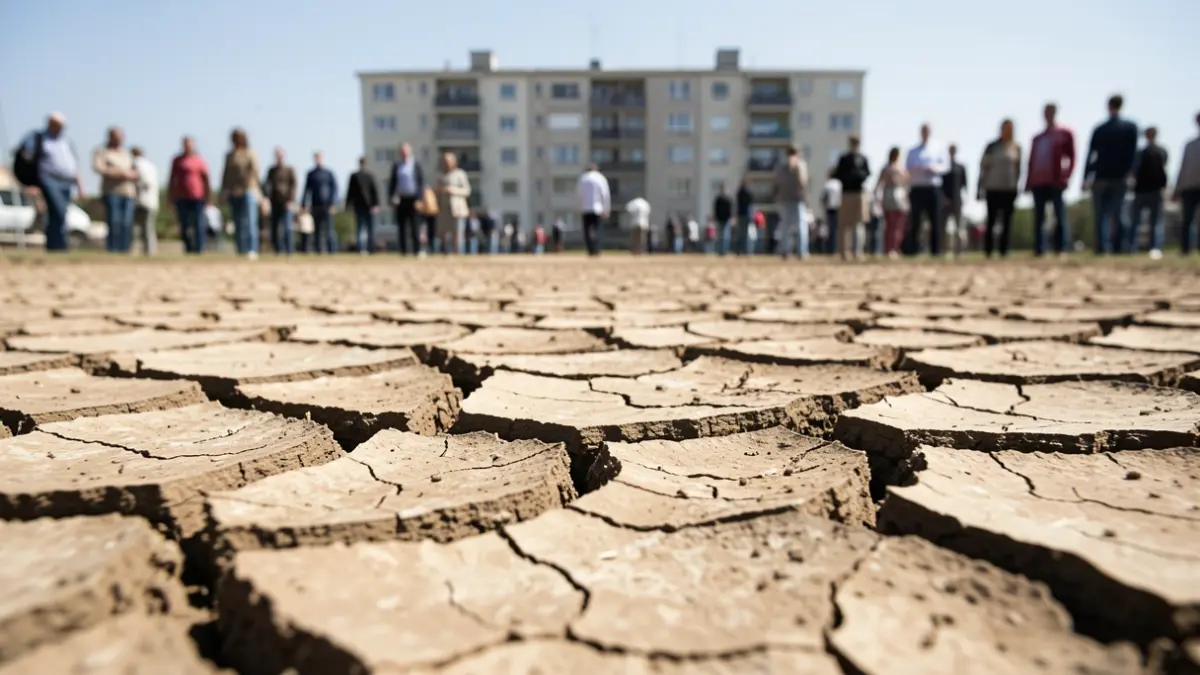 Generic image of cracked earth with visible fissures, symbolizing drought and ground movement. A residential building facade is visible in the background.
