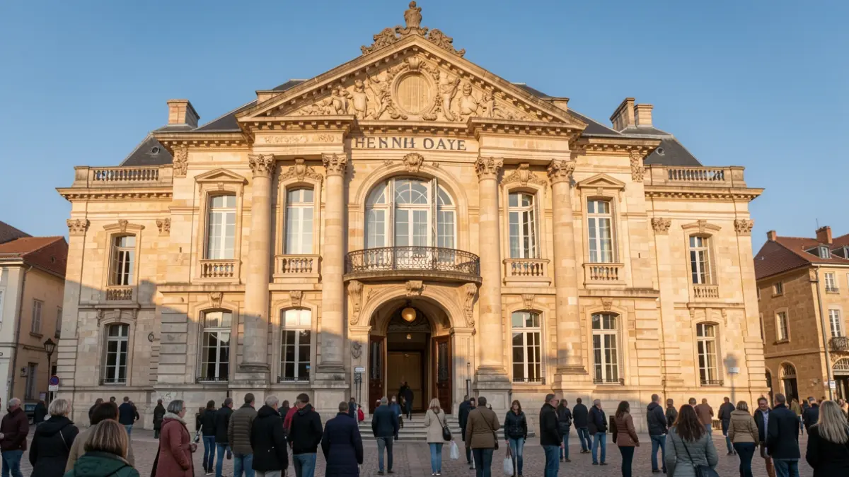 Façade en pierre de la mairie d'Hendaye avec des détails architecturaux ornés, sous le soleil d'après-midi.