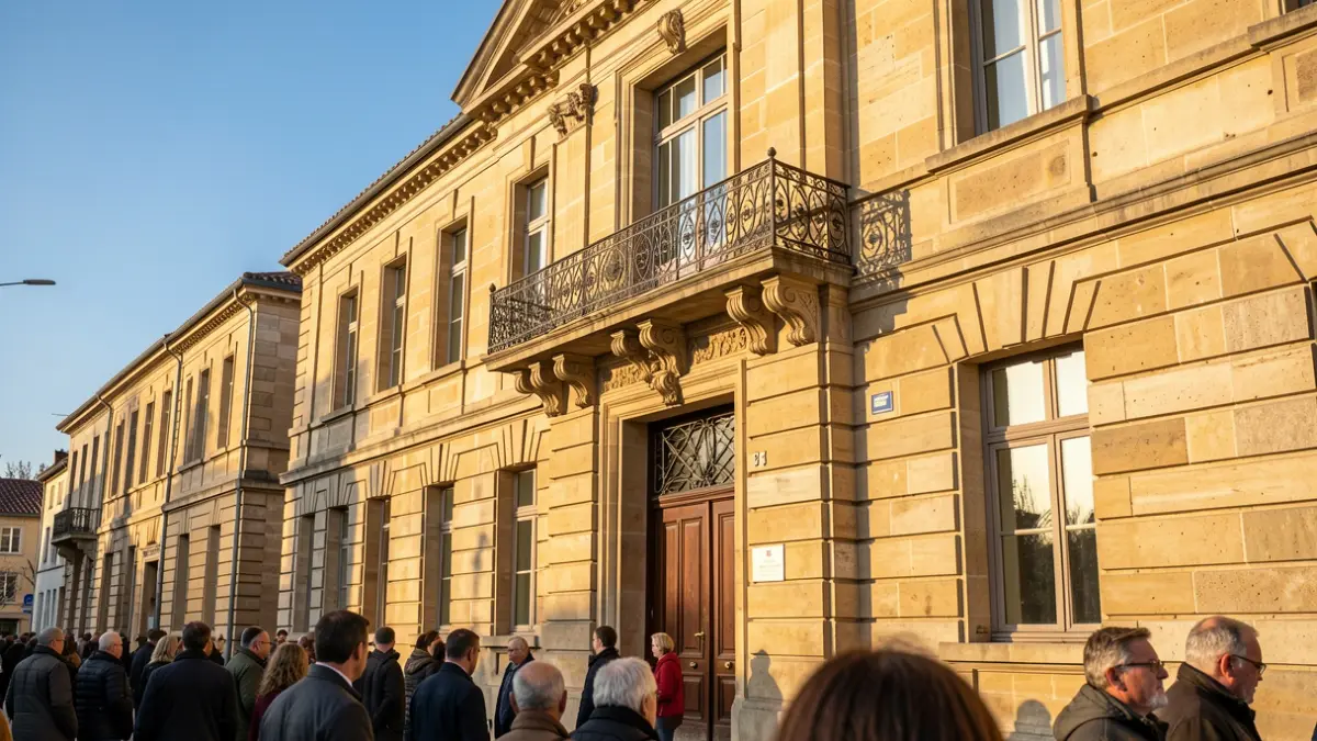Façade en pierre d'un hôtel de ville de Nouvelle-Aquitaine avec balcon en fer forgé, lumière du soleil d'après-midi.