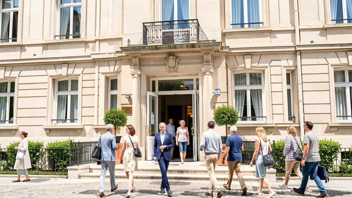 Image générique de la façade d'une résidence senior avec des portes ouvertes.