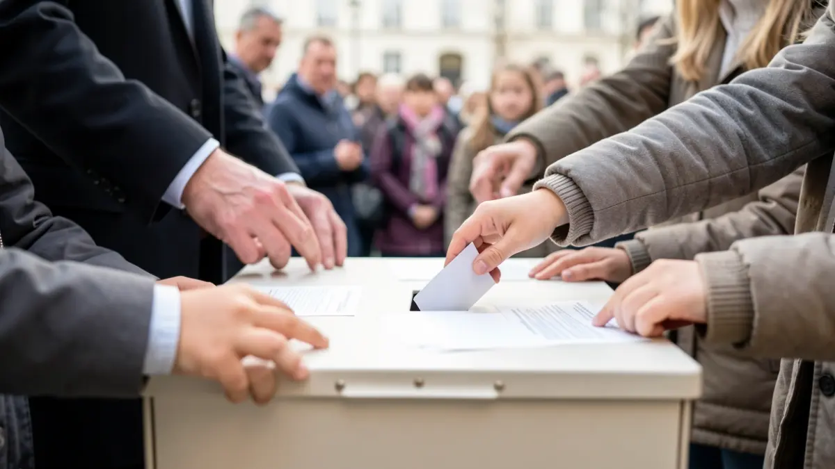 Image générique de mains d'enfants déposant des bulletins dans une urne, avec des mains d'adultes en arrière-plan.