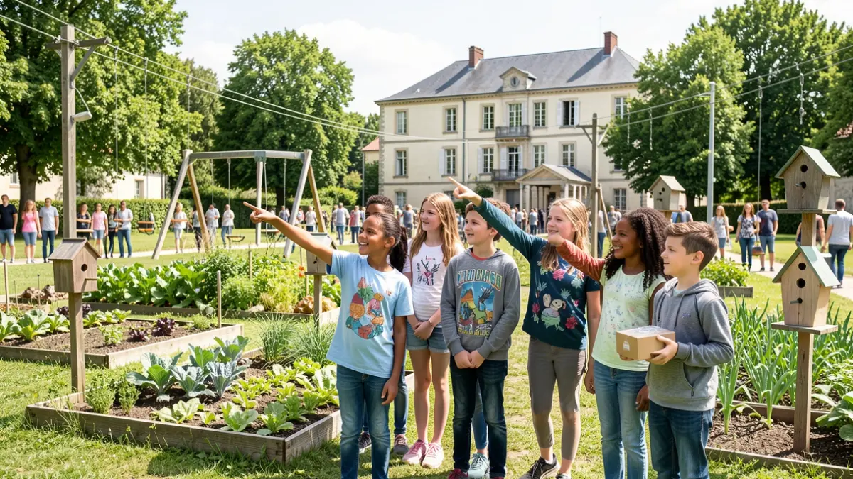 Generic image of children presenting projects in a park, with a time capsule.