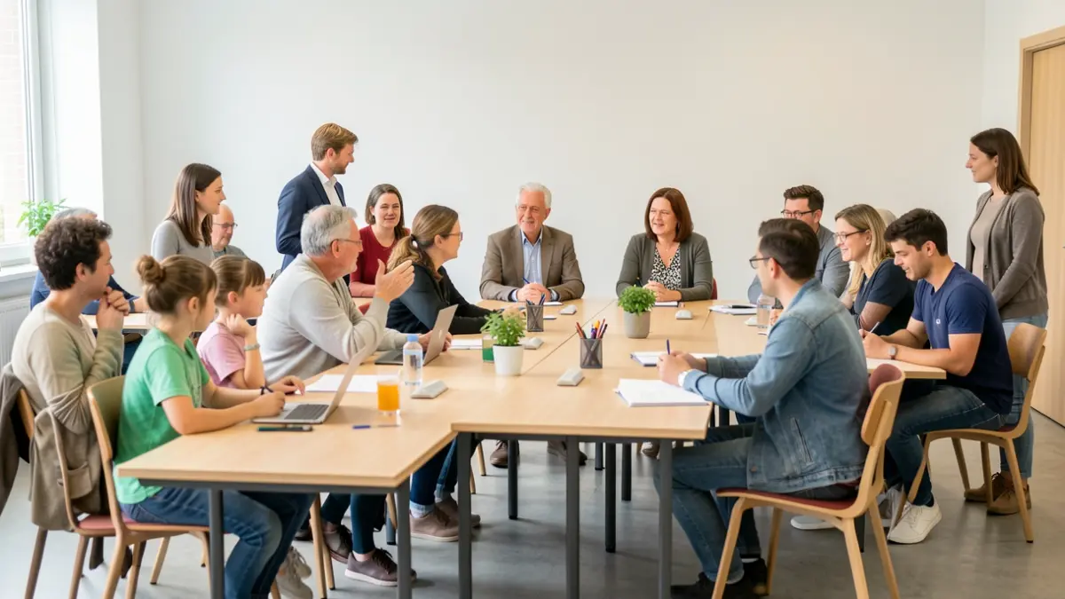 Image générique de personnes diverses participant à une consultation publique sur les services familiaux.