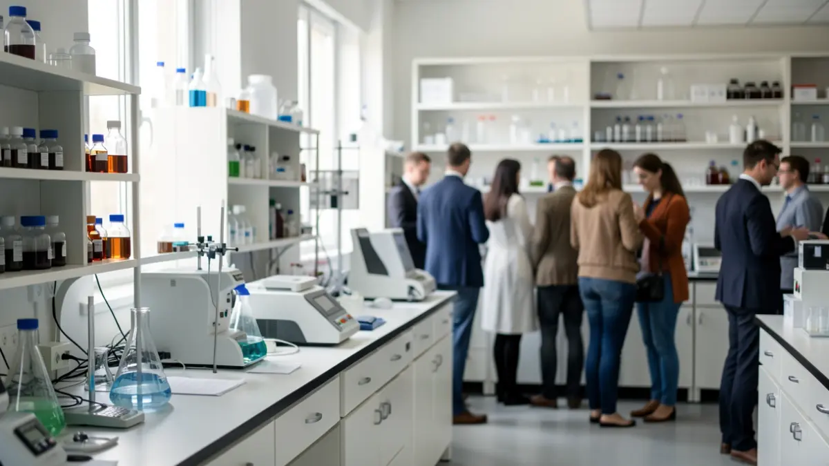 Image générique d'un laboratoire scientifique moderne avec équipement et lumière naturelle.