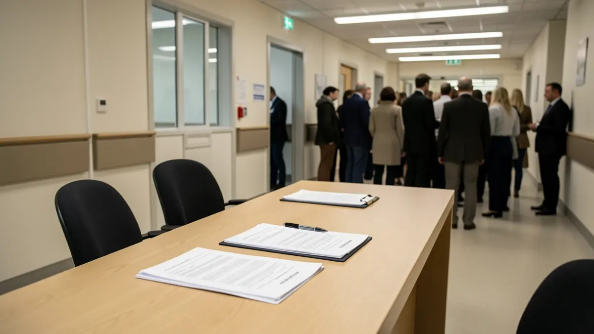 Image générique d'un bureau d'accueil d'hôpital avec des documents officiels.