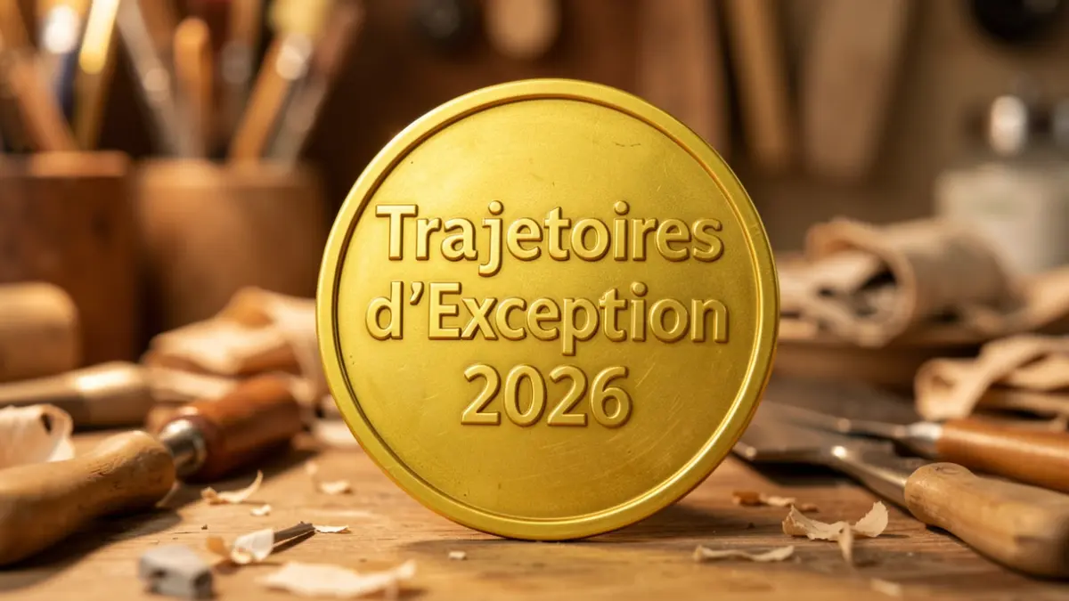 Image générique d'une médaille d'exception sur un fond d'outils d'artisanat.