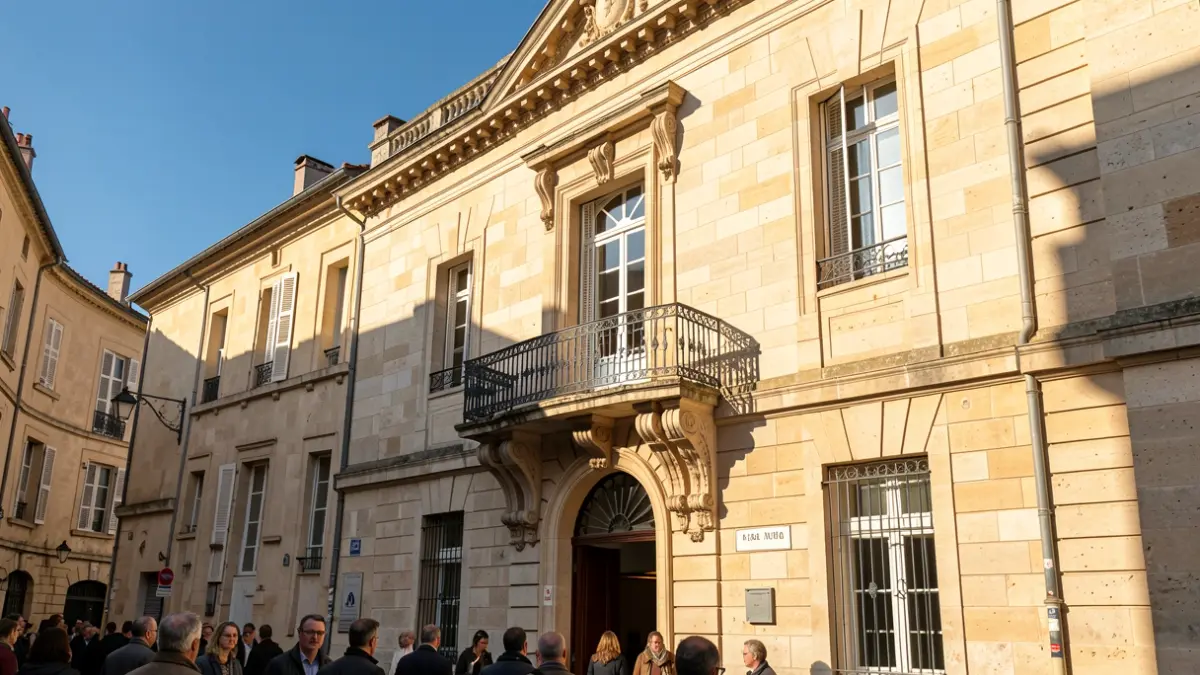 Generic image of a stone town hall facade with a balcony and blue sky.