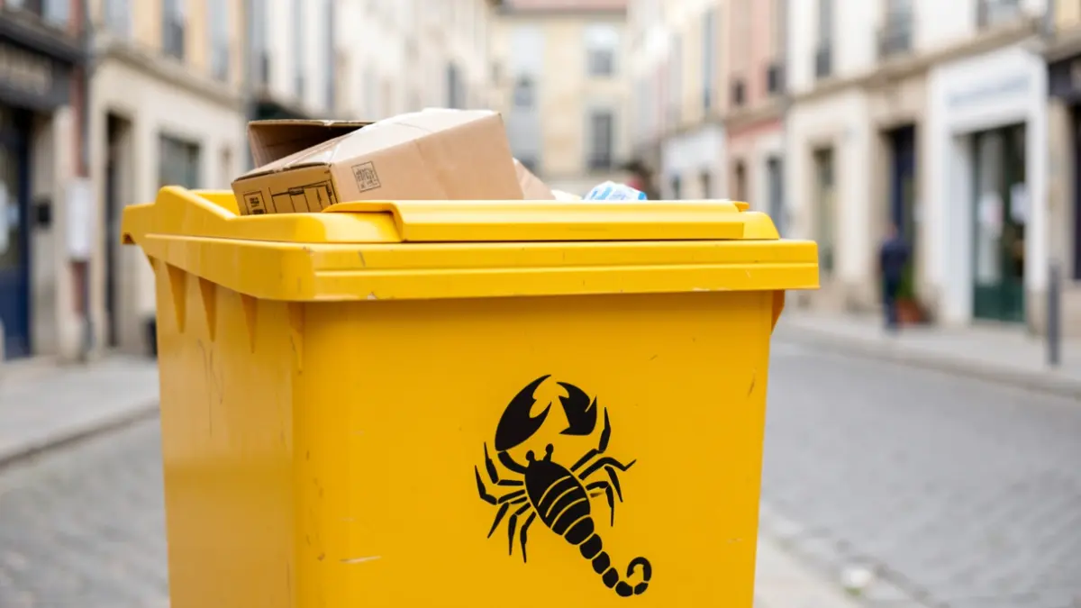 Image générique d'une borne de tri jaune avec un symbole de scorpion et des emballages en papier.