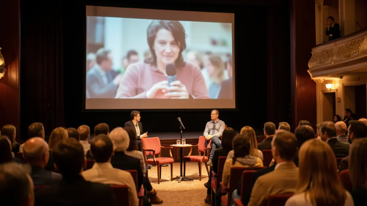 Image générique d'un écran de cinéma avec un microphone et des chaises pour un débat.