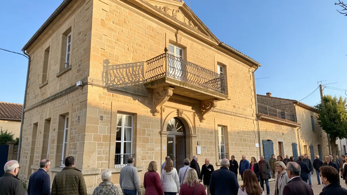 Stone facade of a traditional village hall in Nouvelle-Aquitaine, with ornate balcony and iron railings, under the afternoon sun.