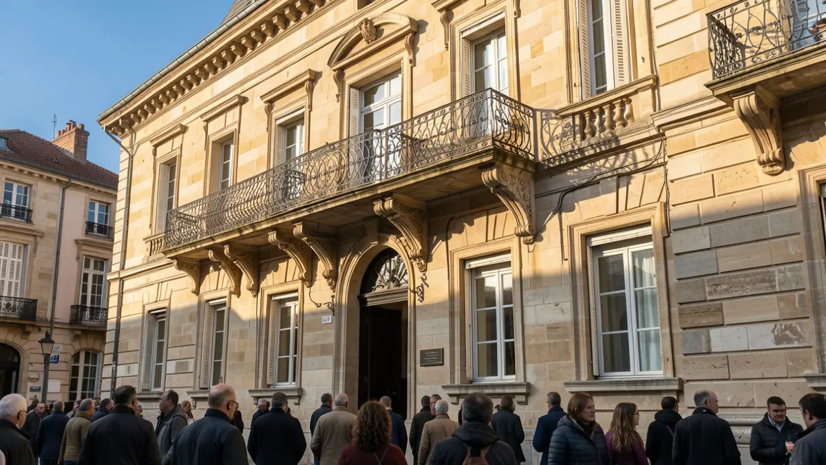 Generic image of a Nouvelle-Aquitaine town hall facade with ornate balcony and iron railings, warm afternoon sunlight casting shadows on the sandstone walls, blue sky, documentary photography style.