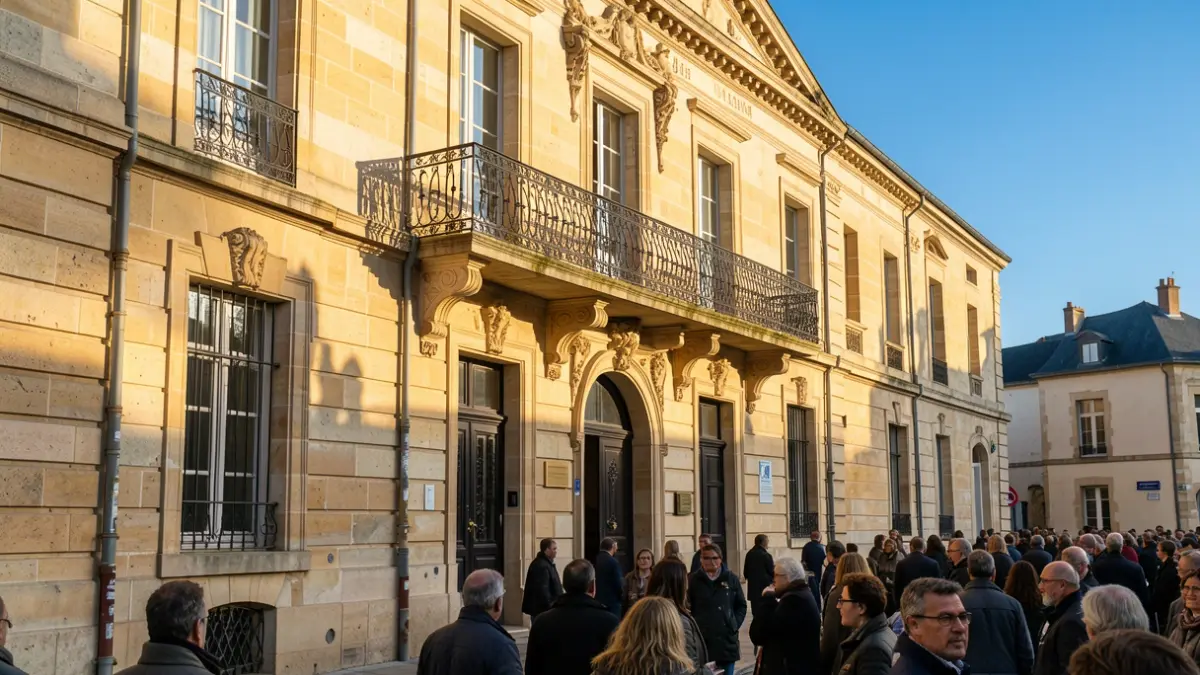 Generic image of a municipal building facade with a balcony and wrought iron railings, under a blue sky and afternoon sun.