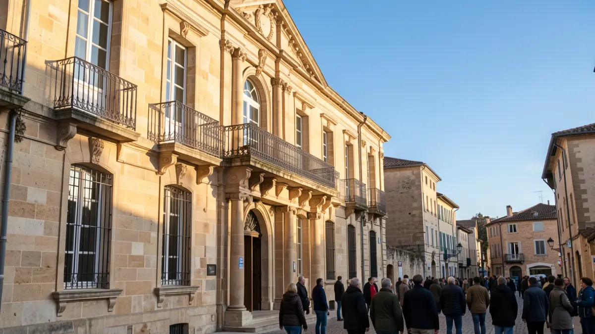 Generic image of a stone town hall facade in Nouvelle-Aquitaine, featuring a balcony and iron railings. Warm afternoon light.