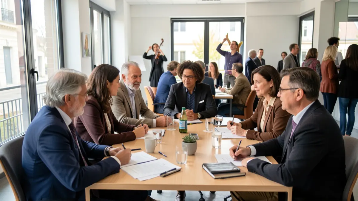 Image générique de professionnels de la culture réunis dans une salle de réunion moderne en Nouvelle-Aquitaine, discutant autour d'une table.