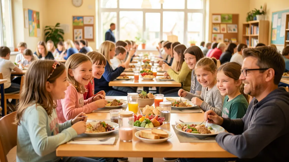 Generic image of parents and children sharing breakfast in a school cafeteria in a friendly atmosphere.