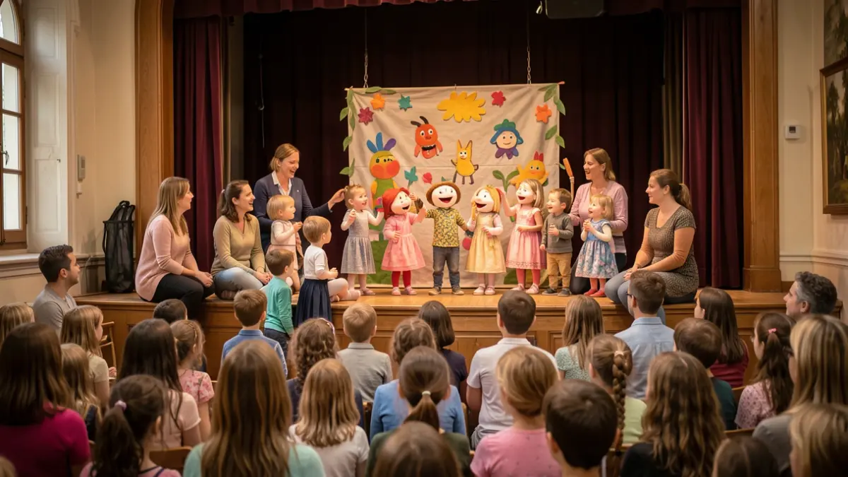Young children and adults enjoying the "Zigzague" show organized by the Relais Petite Enfance and Crèche Familiale of Grand Dax.
