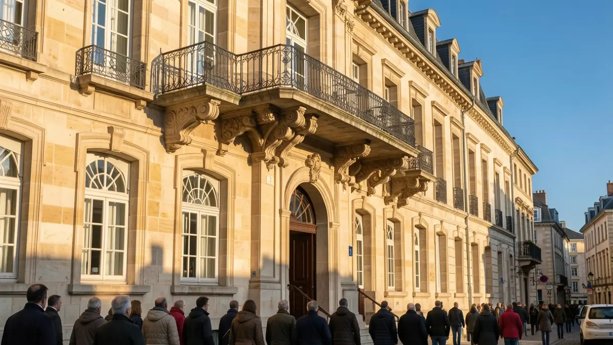 Image générique de la façade en pierre d'un bâtiment municipal avec un balcon orné, sous un ciel bleu.
