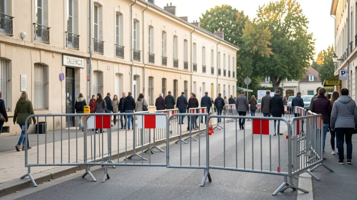 Barrières temporaires installées dans une rue de Talence pour sécuriser l'accès aux écoles.