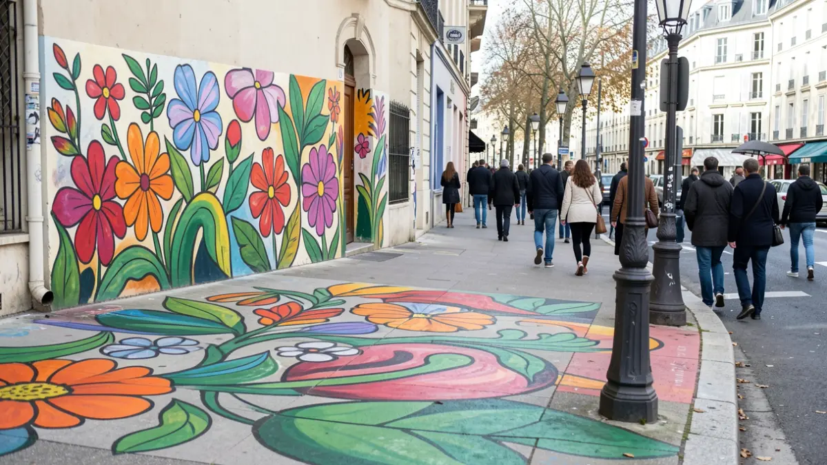 Fresque artistique végétale sur le trottoir et les mâts à Talence.