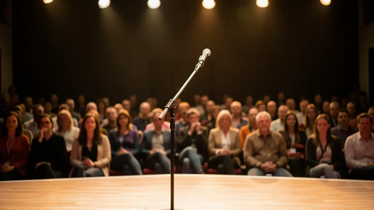 Image générique d'une scène de conférence avec un micro et un public flou.