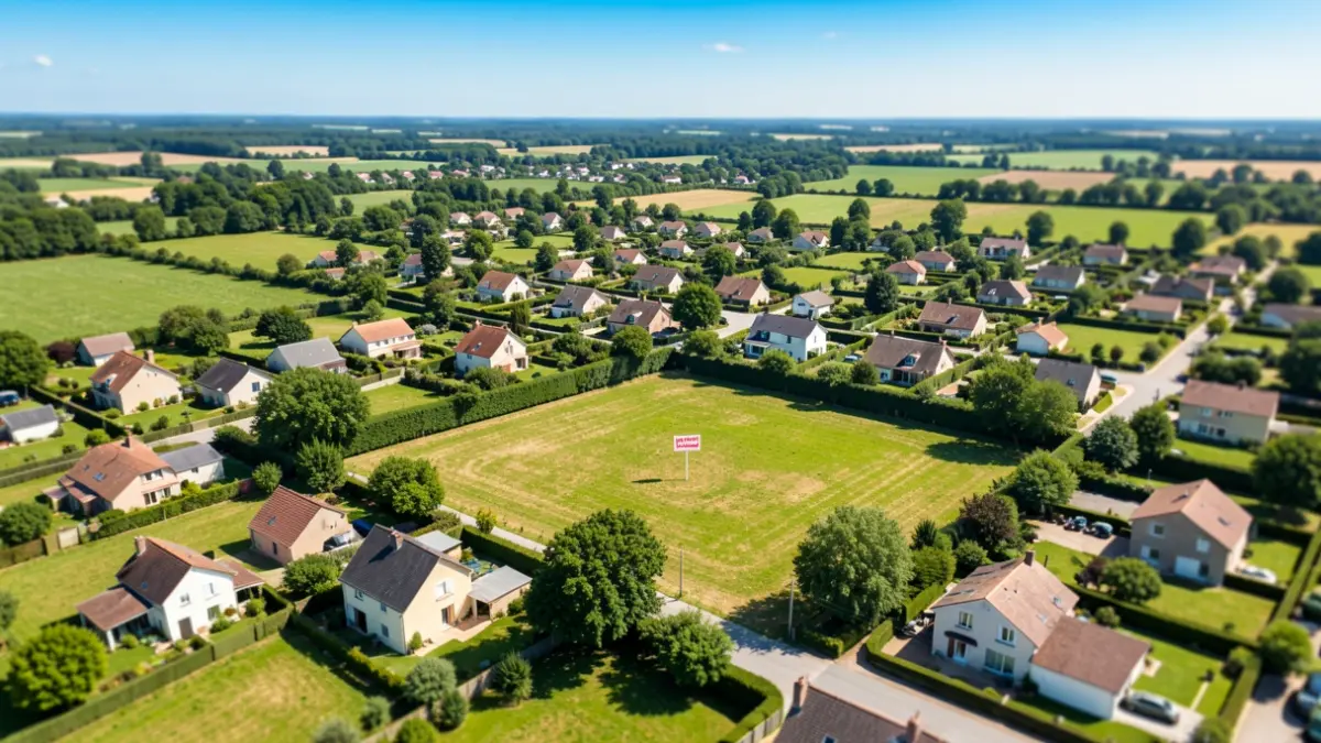 Generic image of a residential neighborhood with a plot of land for sale.