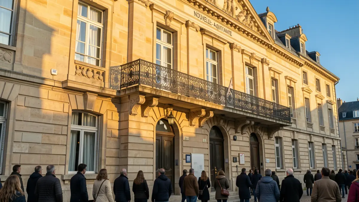 Stone facade of a Nouvelle-Aquitaine town hall with an ornate iron balcony, warm afternoon sunlight.