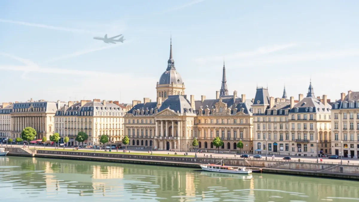Image générique d'une illustration stylisée de la ville de Bordeaux avec un avion dans le ciel.
