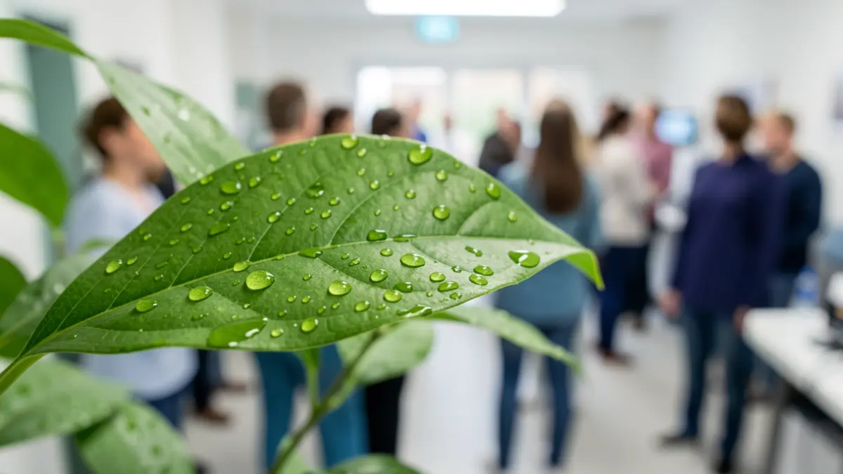 Dew drops on a green leaf, symbolizing ecological transition in EHPADs.