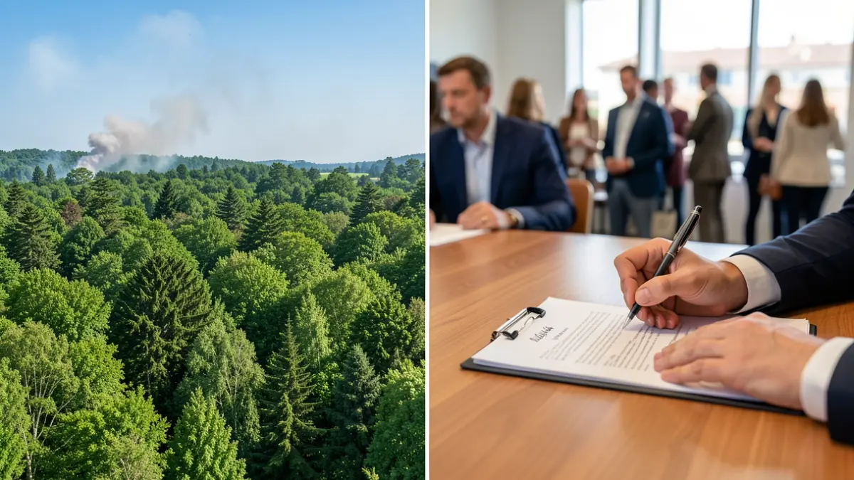 Image générique de transition écologique : forêt menacée et signature d'un accord.