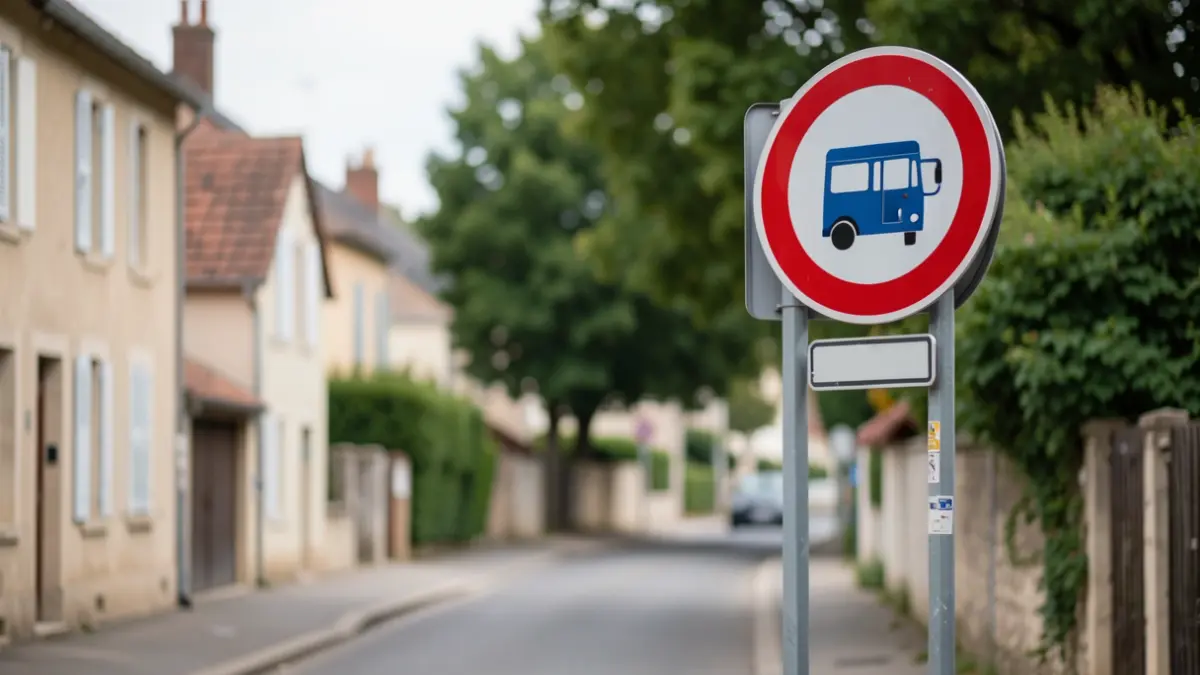 Generic image of a school bus stop sign on a village street.