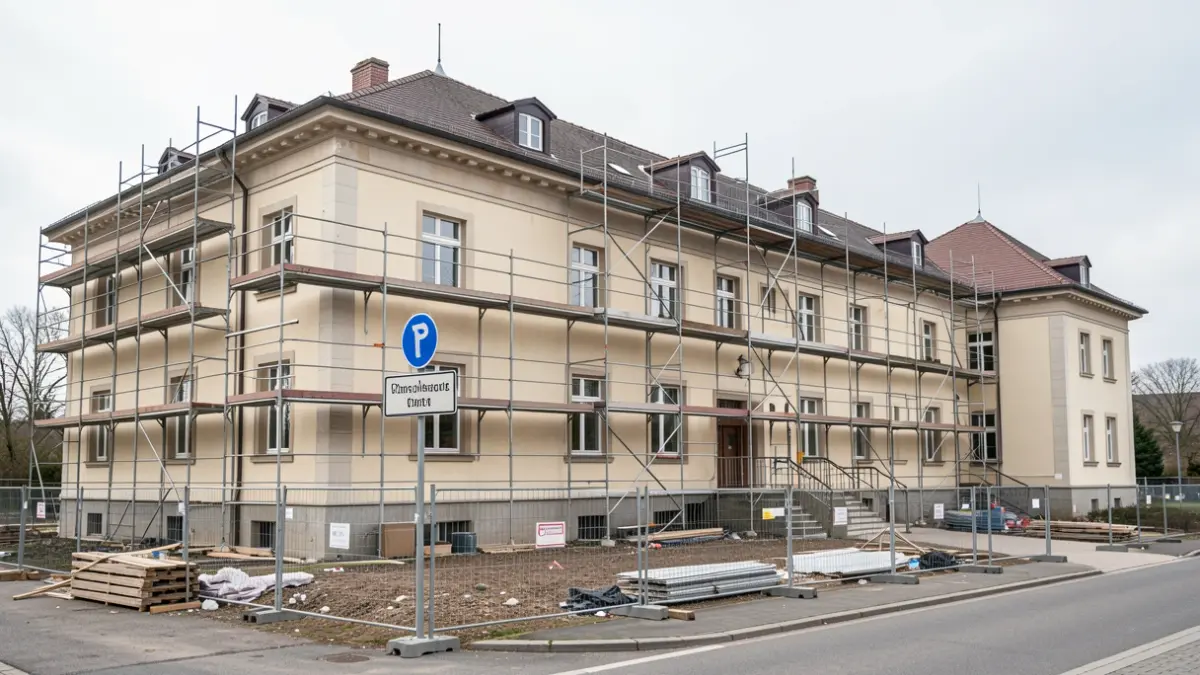 Image générique de travaux de rénovation dans un crématorium, avec des barrières et des échafaudages.