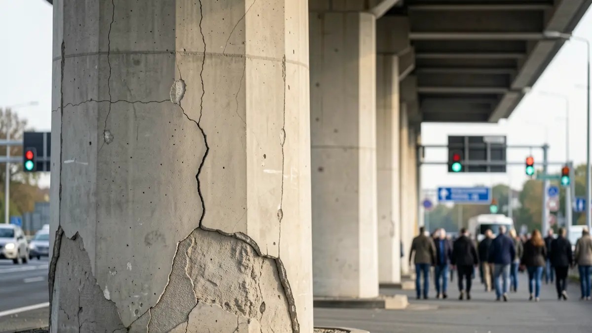Image générique de gros piliers de pont en béton usés et fissurés, avec des éléments de signalisation routière flous en arrière-plan.