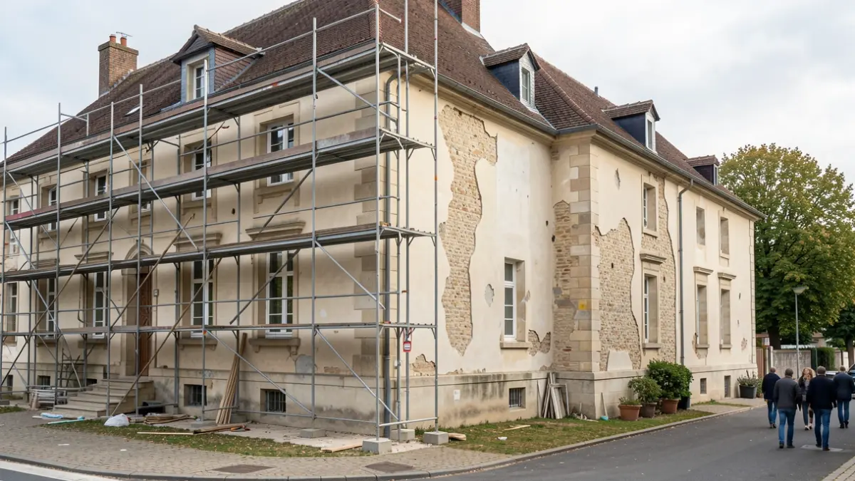 Generic image of renovation work on a school building, featuring scaffolding and repaired masonry.