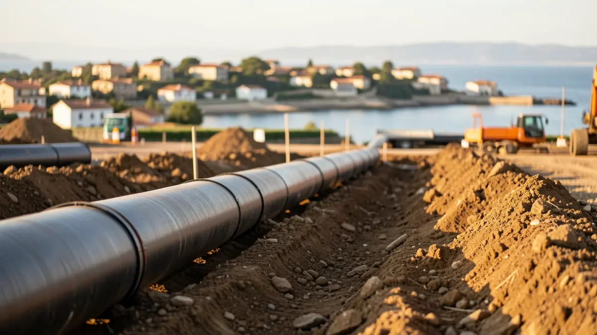 Image générique de travaux d'infrastructure avec de grands tuyaux en cours d'installation dans une zone côtière.