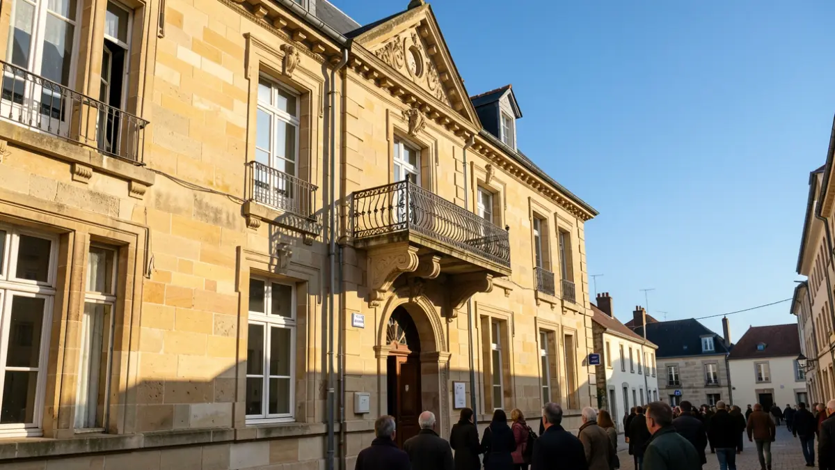 Image générique de la façade d'une mairie en pierre de style traditionnel, avec un balcon orné et des barreaux en fer, éclairée par le soleil d'après-midi.