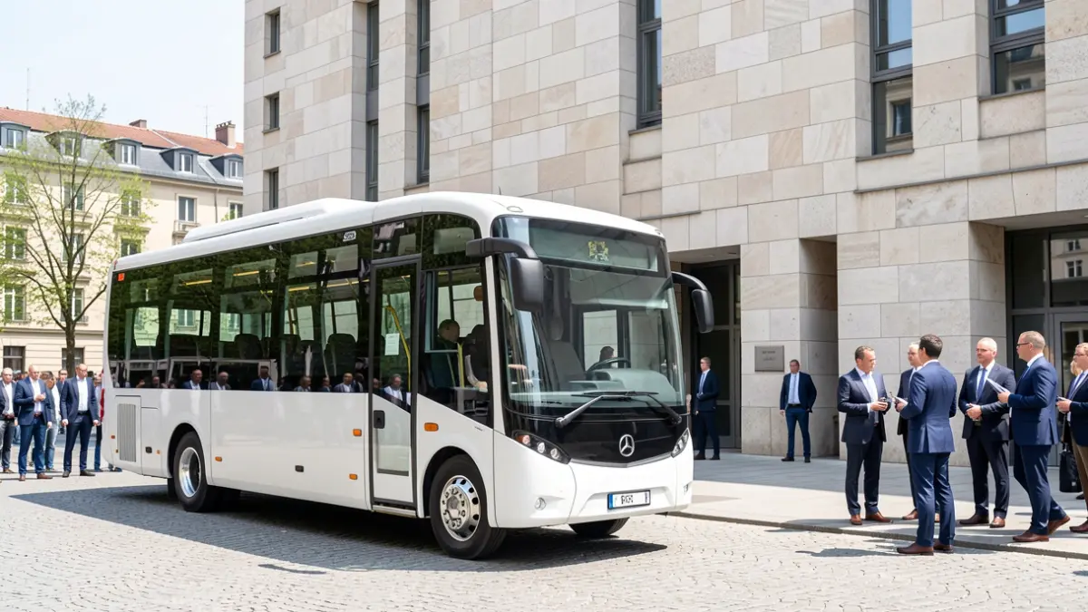 Generic image of a modern minibus in front of an institutional building with a few people.